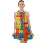 Lego Bricks, Colorful Dots Background Halter Tie Back Chiffon Dress