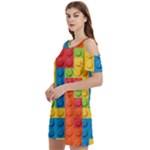 Lego Bricks, Colorful Dots Background Women s Cold Shoulder Round Neck Mini Dress