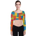 Lego Bricks, Colorful Dots Background Velvet Long Sleeve Crop Top