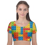 Lego Bricks, Colorful Dots Background Velvet Short Sleeve Crop Top 