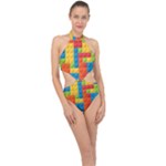 Lego Bricks, Colorful Dots Background Halter Side Cut Swimsuit