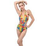 Lego Bricks, Colorful Dots Background Plunging Cut Out Swimsuit