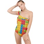 Lego Bricks, Colorful Dots Background Frilly One Shoulder Swimsuit