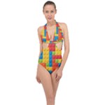 Lego Bricks, Colorful Dots Background Halter Front Plunge Swimsuit