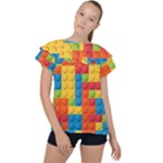 Lego Bricks, Colorful Dots Background Ruffle Collar Chiffon Blouse