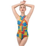 Lego Bricks, Colorful Dots Background Cross Front Low Back Swimsuit