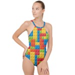 Lego Bricks, Colorful Dots Background High Neck One Piece Swimsuit