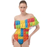 Lego Bricks, Colorful Dots Background Off Shoulder Velour Bodysuit 