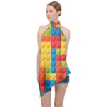 Lego Bricks, Colorful Dots Background Halter Asymmetric Satin Top