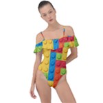 Lego Bricks, Colorful Dots Background Frill Detail One Piece Swimsuit