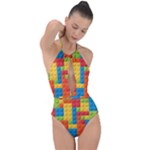 Lego Bricks, Colorful Dots Background Plunge Cut Halter Swimsuit