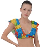 Lego Bricks, Colorful Dots Background Plunge Frill Sleeve Bikini Top