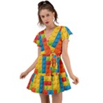 Lego Bricks, Colorful Dots Background Flutter Sleeve Wrap Dress