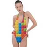 Lego Bricks, Colorful Dots Background Backless Halter One Piece Swimsuit