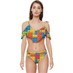 Lego Bricks, Colorful Dots Background Ruffle Edge Tie Up Bikini Set	