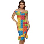 Lego Bricks, Colorful Dots Background Off Shoulder Ruffle Split Hem Bodycon Dress