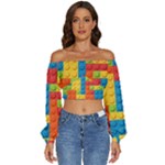 Lego Bricks, Colorful Dots Background Long Sleeve Crinkled Weave Crop Top