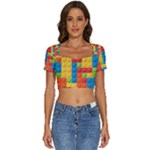 Lego Bricks, Colorful Dots Background Short Sleeve Square Neckline Crop Top 