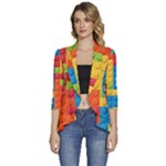 Lego Bricks, Colorful Dots Background Women s 3/4 Sleeve Ruffle Edge Open Front Jacket