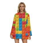 Lego Bricks, Colorful Dots Background Round Neck Long Sleeve Bohemian Style Chiffon Mini Dress