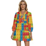 Lego Bricks, Colorful Dots Background V-Neck Placket Mini Dress