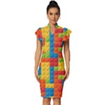 Lego Bricks, Colorful Dots Background Vintage Frill Sleeve V-Neck Bodycon Dress