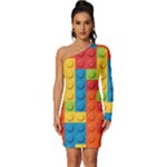 Lego Bricks, Colorful Dots Background Long Sleeve One Shoulder Mini Dress