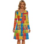 Lego Bricks, Colorful Dots Background Long Sleeve Dress With Pocket