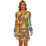 Lego Bricks, Colorful Dots Background Long Sleeve Waist Tie Ruffle Velvet Dress