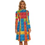 Lego Bricks, Colorful Dots Background Long Sleeve Shirt Collar A-Line Dress