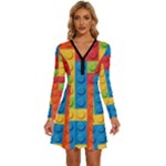 Lego Bricks, Colorful Dots Background Long Sleeve Deep V Mini Dress 