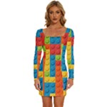 Lego Bricks, Colorful Dots Background Long Sleeve Square Neck Bodycon Velvet Dress