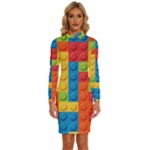 Lego Bricks, Colorful Dots Background Long Sleeve Shirt Collar Bodycon Dress