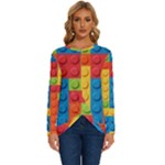 Lego Bricks, Colorful Dots Background Long Sleeve Crew Neck Pullover Top