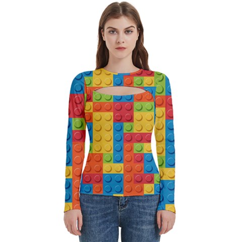 Lego Bricks, Colorful Dots Background Women s Cut Out Long Sleeve T