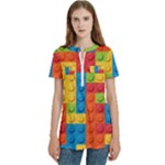 Lego Bricks, Colorful Dots Background Women s Zip Front V-Neck Short Sleeve Casual Top Pocket Shirt