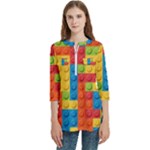 Lego Bricks, Colorful Dots Background Women s Zip Front V-Neck 3/4 Sleeve Casual Top Pocket Shirt