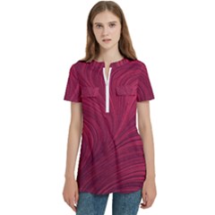 Women s Zip Front V-Neck Short Sleeve Casual Top Pocket Shirt 