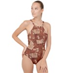 Retro Education Texture, Creative Education Background High Neck One Piece Swimsuit