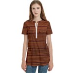 Seamless Wooden Planks Brown Wooden Background Women s Zip Front V-Neck Short Sleeve Casual Top Pocket Shirt