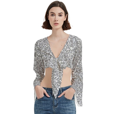 Silver Glitter Texture, Light Creative Background Trumpet Sleeve Cropped Top from ArtsNow.com