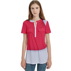 Women s Zip Front V-Neck Short Sleeve Casual Top Pocket Shirt 