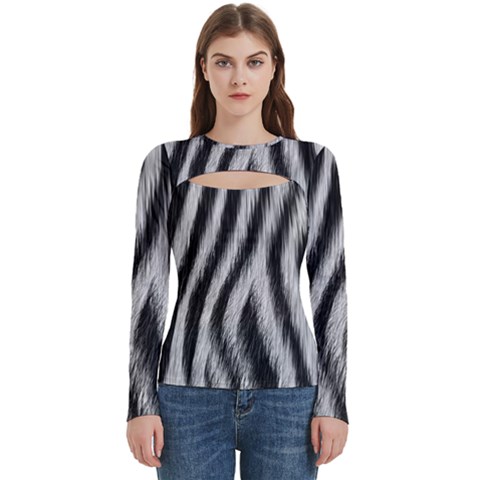 Zebra Texture, Zebra Wool, White Black Background Women s Cut Out Long Sleeve T