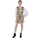 Opulent Essence Print V-Neck Flare Sleeve Mini Dress