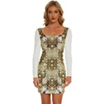 Opulent Essence Print Long Sleeve Square Neck Bodycon Velvet Dress