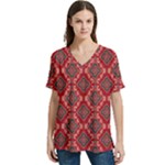 Illustrations Ajrak Abstract Design Pattern V-Neck Split Shoulder Casual T-Shirt