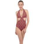 Illustrations Ajrak Abstract Design Pattern Halter Front Plunge Swimsuit