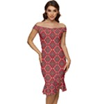 Illustrations Ajrak Abstract Design Pattern Off Shoulder Ruffle Split Hem Bodycon Dress