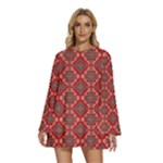 Illustrations Ajrak Abstract Design Pattern Round Neck Long Sleeve Bohemian Style Chiffon Mini Dress