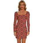 Illustrations Ajrak Abstract Design Pattern Long Sleeve Square Neck Bodycon Velvet Dress